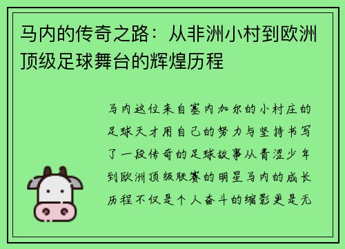 马内的传奇之路：从非洲小村到欧洲顶级足球舞台的辉煌历程